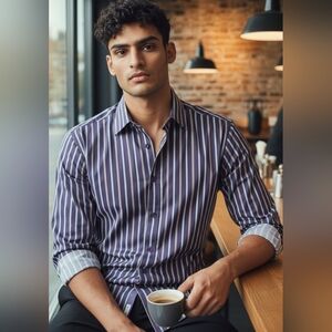 Bugatchi Men's Purple Tan Blue Striped Button Up Shirt Size Medium Large